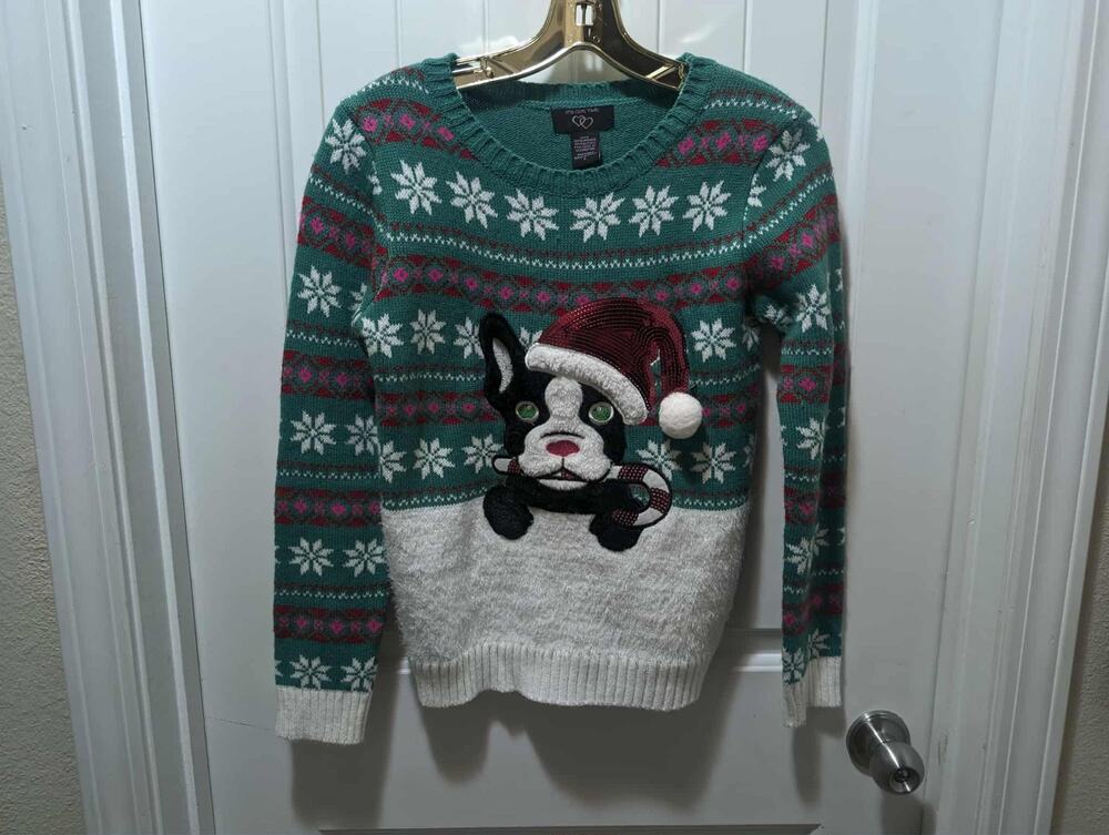 Puppy Dog French Bulldog Ugly Christmas Sweater Red Sequin Kids L It’s Our Time